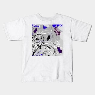 Floral Art Blue Grey Butterfly Kids T-Shirt